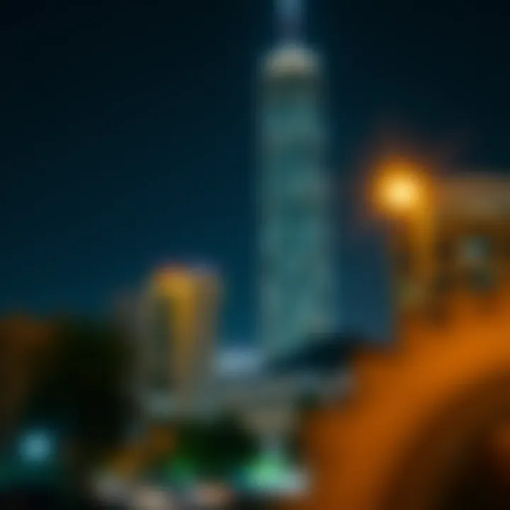 Night view of Alattar Tower illuminated, showcasing its architectural brilliance
