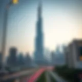Stunning view of Alattar Tower against the Dubai skyline