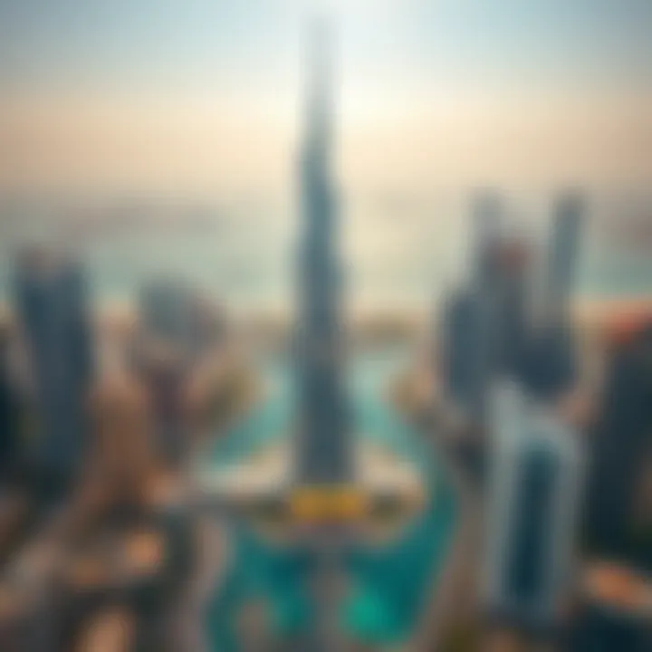 Aerial shot of the Corniche Tower amidst Dubai's iconic skyline