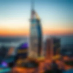 Stunning view of Crescent Tower Dubai at sunset