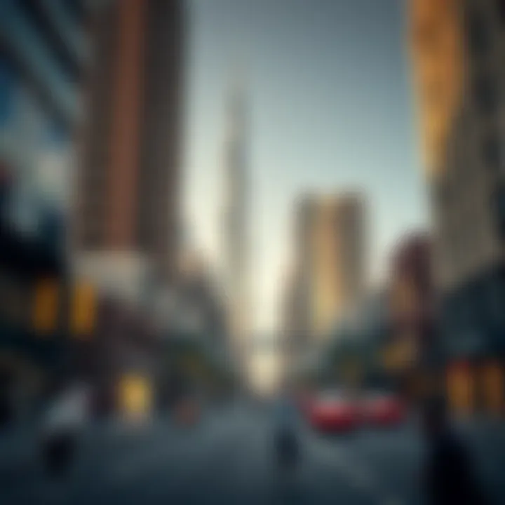 A bustling street view at the base of Dubai's towering buildings