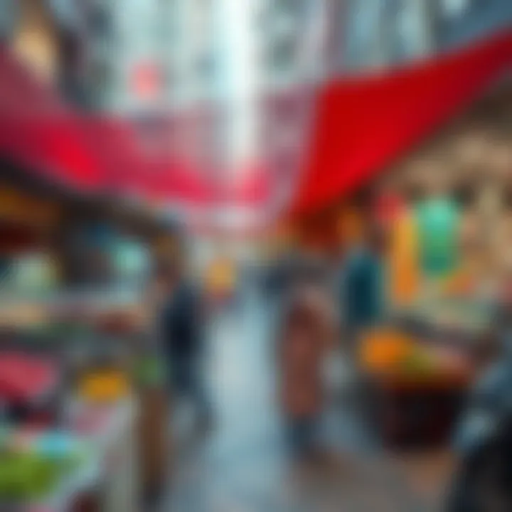 A vibrant local market in Eden House filled with various amenities