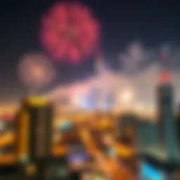 Celebratory fireworks illuminating the Dubai skyline during Eid.