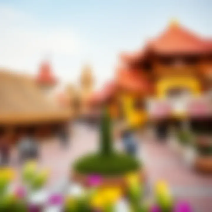 A panoramic view of Global Village showcasing vibrant pavilions representing different cultures