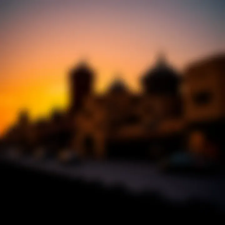 Cultural landmarks silhouetted against the sunset