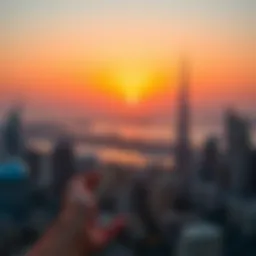 A vibrant sunset illuminating the Dubai skyline during Ramadan.