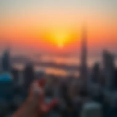 A vibrant sunset illuminating the Dubai skyline during Ramadan.