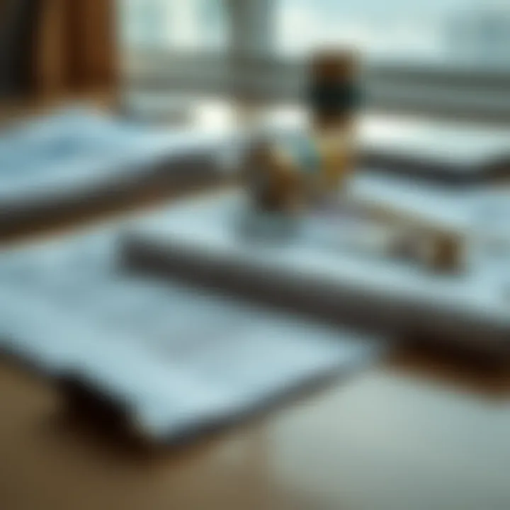 Legal documents and contracts related to property acquisition laid out on a desk.