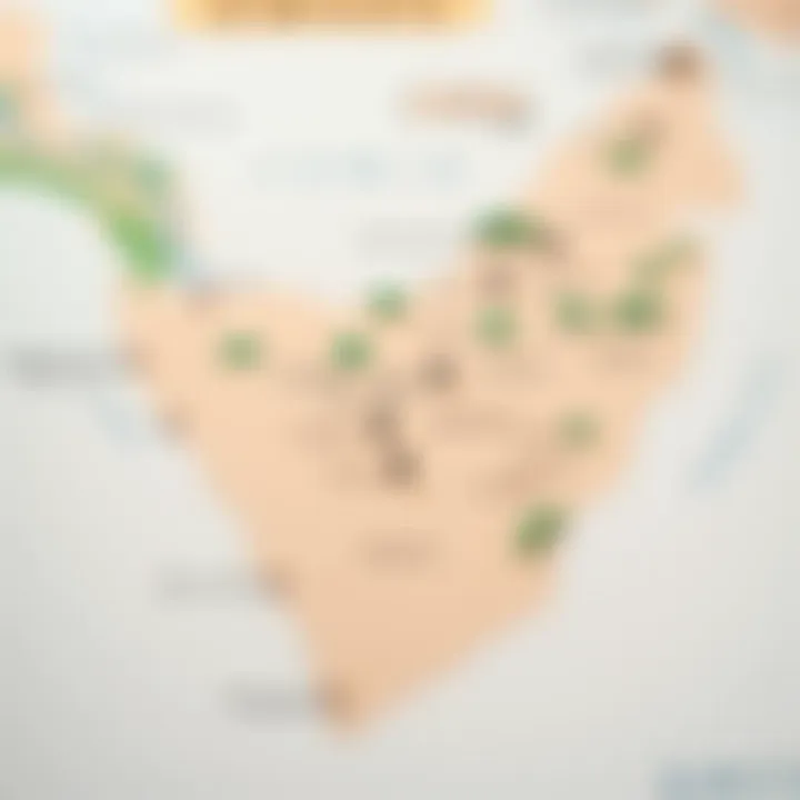 A map highlighting various emirates in the UAE with different land ownership regulations.