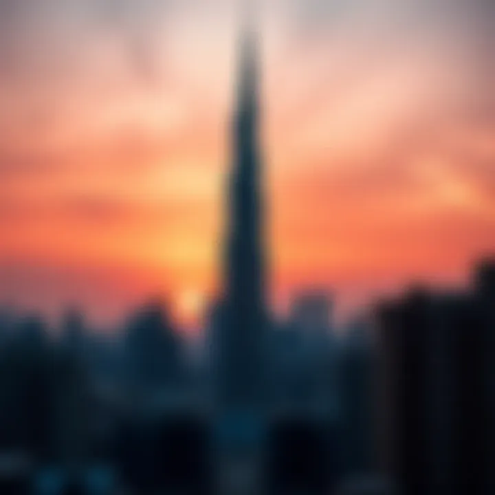 The iconic Burj Khalifa framed by a vibrant sunset sky