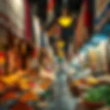 Vibrant market stalls showcasing traditional spices and textiles in Souq Deira